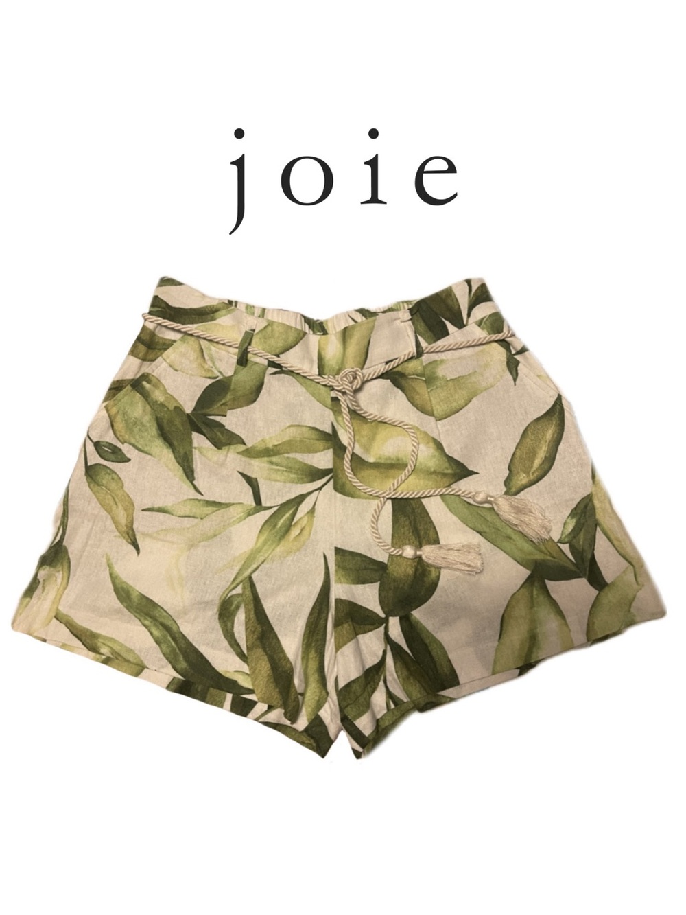Joie Linen Tropical Green Palm Leaf Print Cabana Shorts Cream Rope Tassel Belt M